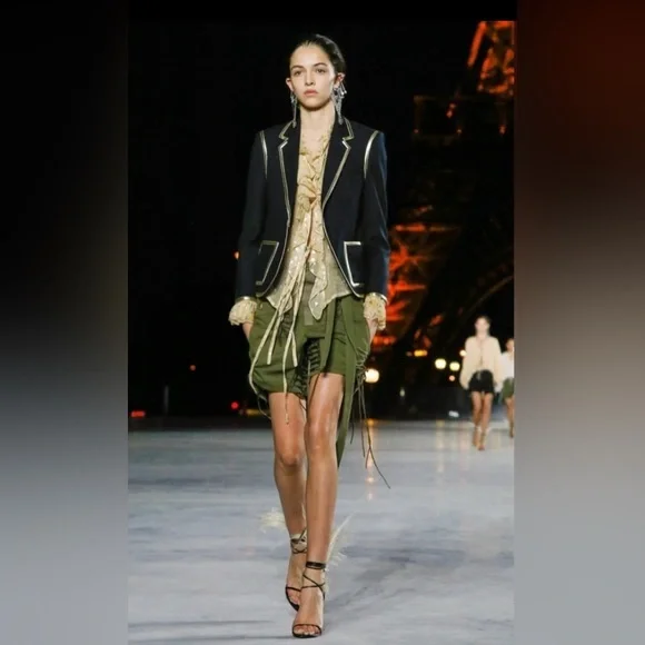Saint Laurent Gold Trim Garbadine Blazer in Black Wool FR36